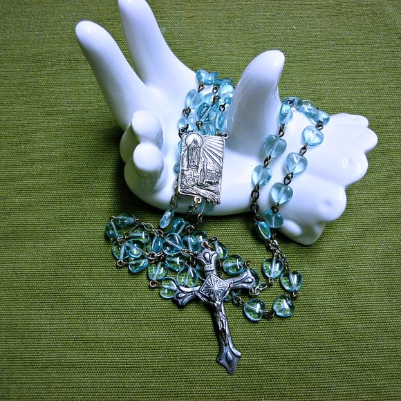 Catholic Jewelry - Vintage Blue Heart Shaped Depression Glass Beaded Rosary